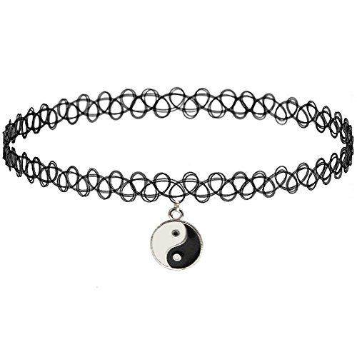 Girlprops Tattoo Choker Necklace, Yin Yang, Popular in the 80S 90S, in Black with Silver Tone Finish