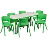 Flash Furniture Adjustable Rectangular Plastic Activity Table Set with 6 School Stack Chairs, 23.625 by 47.25-Inch, Green