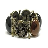 Brown Oval Stone and Antique Gold Metal Bar Stretch Bangle Bracelet Fashion Jewelry