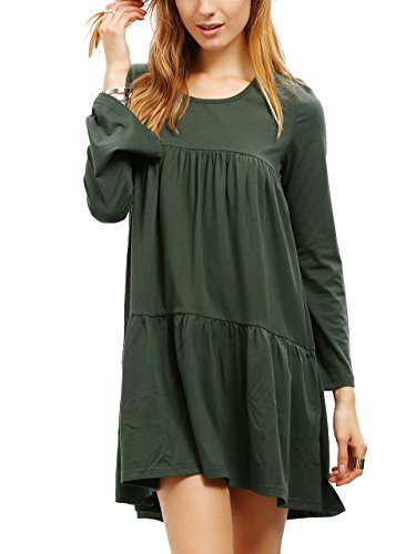ROMWE Women's Bohemian Long Sleeve Loose Casual Dress Tunic Top Green L