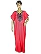 Womens Kaftan, Lounge Wear, Pink Print Neck Embroidered Cotton Caftan Kaftans Dress Large