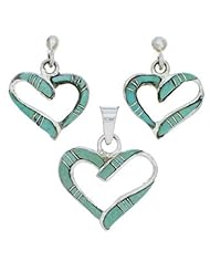 Southwest Turquoise Silver Heart Pendant Earring Set NX22570