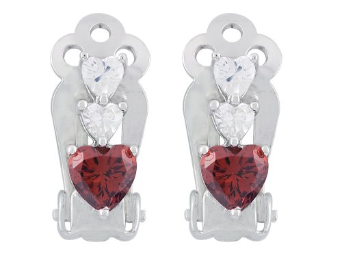 Platinum Plated Sterling Silver Red and White Cubic Zirconia Three-Heart Earrings