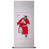 Handmade Asian Wall Art Scroll Painting On Textured Cream Brocade - Zhong Kui Chinese Demon Hunter