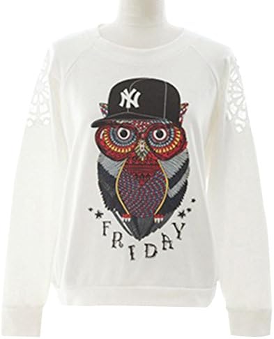 WeiWei Women's Casual Owl Print Hollow Out Sleeve Pullover Sweatshirt M