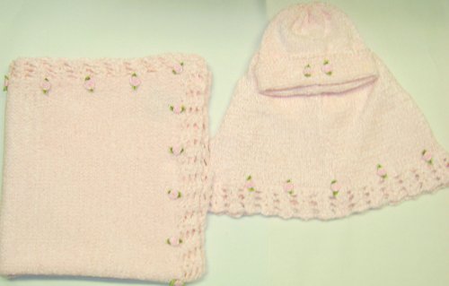 Pc1.1, Knitted on Hand Knitting Machine Infant Girls Baby Pink Chenille Poncho Hat Set Trimmed with Satin Rosebuds and Matching Blanket
