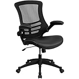 Mid-Back Black Mesh Swivel Task Chair with Leather Padded Seat and Flip-Up Arms