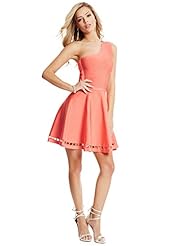 Fit-and-Flare One Shoulder Sleeveless Asymmetric Applique Cutout Nylon/Rayon/Spandex Bandage Dress 