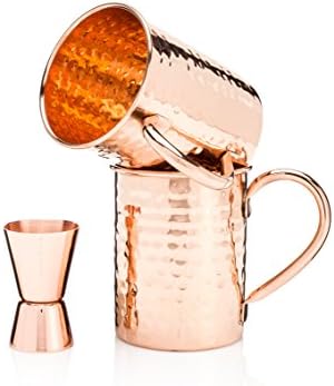 Set of 2 Solid Copper Moscow Mule Mugs - Two 16oz Hammered 100% Copper Moscow Mule Mugs with No Inner Lining - Includes Bonus Cocktail Recipe Cards and Double Jigger