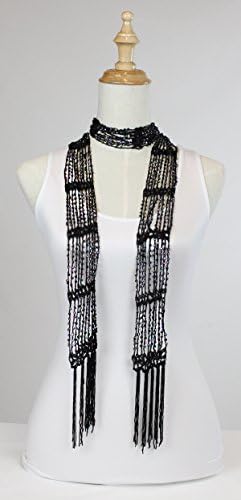 2-6 Day Delivery - Crochet Jewel Beaded Scarves in Various Yarn and Bead Colors (Fringe, Black w/ Aurora Borealis Beads)