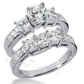 14K White Gold Round Cut & Princess Cut Diamond Matching Bridal Set (2.46ct.tw, HI Color, SI2-3 Clarity)
