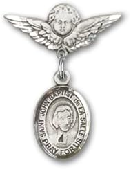 Sterling Silver Baby Badge with St. John Baptist de la Salle Charm and Angel with Wings Badge Pin