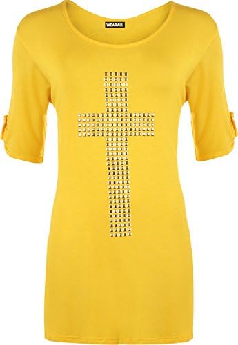 WearAll Women's Plus Size Flared Cross Stud Short Ladies Short Sleeve Tunic Top - Yellow - US 18-20 (UK 22-24)