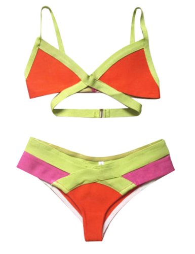 Women 2 pcs Multicolor Bandage sexy bikini swimsuit swimwear (M, Fluorescent green)