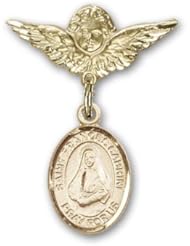 14K Gold Baby Badge with St. Frances Cabrini Charm and Angel with Wings Badge Pin