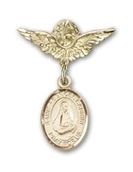 Gold Filled Baby Badge with St. Frances Cabrini Charm and Angel with Wings Badge Pin