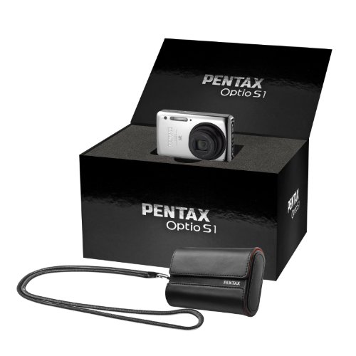 Pentax Optio S1 Luxury Kit Digitalkamera (14 Megapixel, 5-fach opt. Zoom, 6,8 cm (2,7 Zoll) Display, bildstabilisiert) chrome