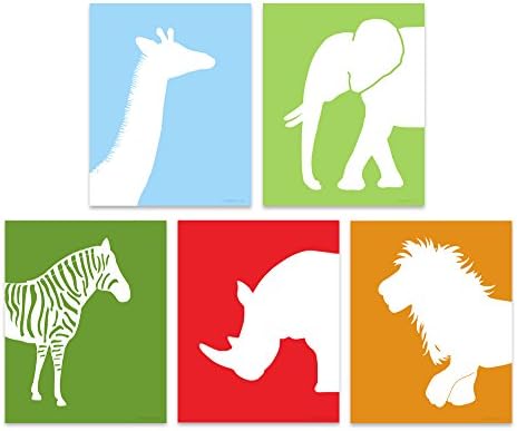 Jungle Animal Nursery Art, Elephant, Giraffe, Lion, Rhino and Zebra Prints, Childrens Wall Decor, Custom Colors (8x10, Jungle Animal Set of 5 )