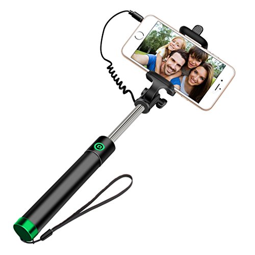 Phifo [3-In-1] Wired Selfie Stick Self-portrait Extendable Monopod &amp; Built-in Remote Shutter &amp; Adjustable Phone Holder for iPhone 6s/6Plus/5/5s/5c, Galaxy S6/S5/S4/S3 (Green)