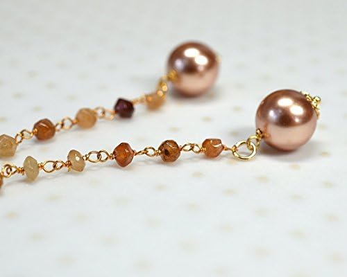Long Linear Drop Earrings Citrine Beaded Rosary Chain Dark Champagne Swarovski Simulated Pearl Dangle