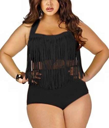 Imilan Women's Plus Size Retro High Waist Padded Bikini Braided Fringe Top Swimwear