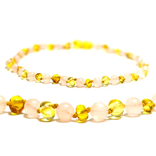 Certified Baltic Amber Teething Necklace for Baby (Rose Quartz/Lemon) - Anti-inflammatory ...