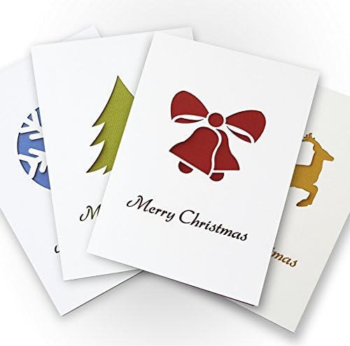 Cool Cards Merry Christmas Greeting Cards Collection-4 Stylized Decorative Cards and Envelopes, Blank Inside, Festive Traditional Holiday Paper Cut Designs-Reindeer/Snowflake/Pine Tree/Jingle Bells