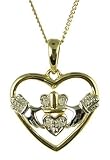 9ct 2 Colour Gold Ladies Diamond Set Celtic Claddagh Open Heart Pendant with 18 Curb Chain