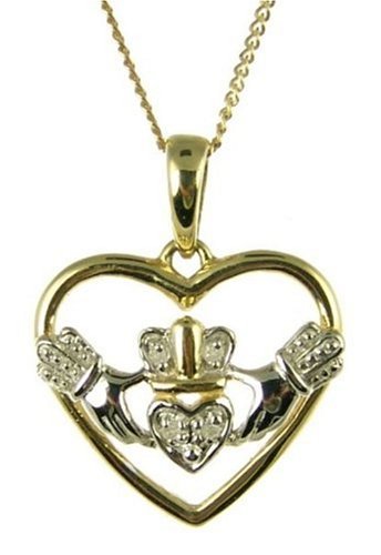 9ct 2 Colour Gold Ladies Diamond Set Celtic Claddagh Open Heart Pendant with 18 Curb Chain