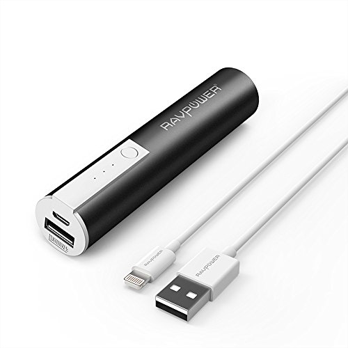 RAVPower Mini 3350mAh Portable Charger External Battery Power Bank with iSmart Technology (Black) + [Apple MFi Certified] 3ft / 0.9m Lightning Cable