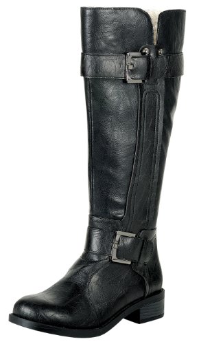 Black Distressed Leatherette Buckle High Boots