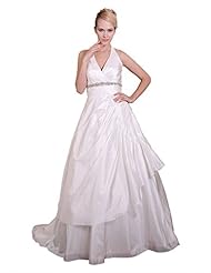 V-neck Cocktail Chiffon/Satin Lace Beaded Halter Evening Dress/Prom Dress/Party Dress/Wedding Dress  with a Court Train  With a Sash 