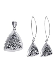 Sterling Silver Marcasite Floral Designed Dangle Earrings and Pendant Jewelry Set