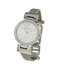 Geneva Platinum 12639912 Womens Czech Rhinestone Round Face Mesh Watch-SILVER