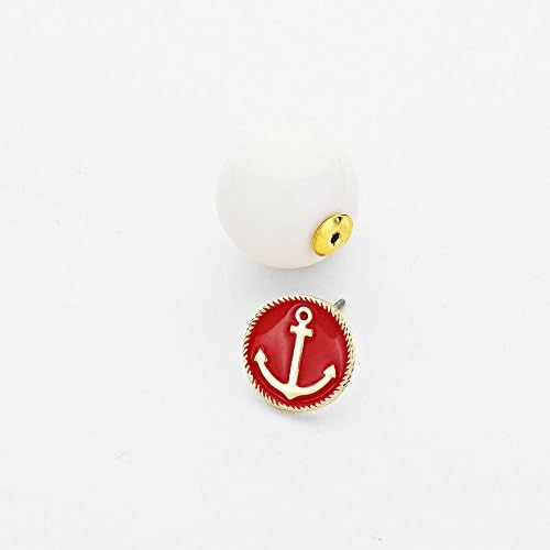 Nautical Red Anchor Double-Sided Peekaboo Resin Stud White Ball Goldtone Earrings (Red Anchor White Ball)