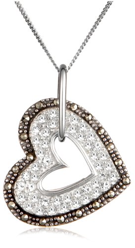 Sterling Silver Marcasite and Cubic Zirconia Heart Pendant, 18