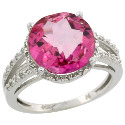 10k White Gold ( 11 mm ) Halo Engagement Pink Topaz Ring w/ 0.107 Carat Brilliant Cut Diamonds & 5.50 Carats Stone, 1/2 in. (12mm) wide, size 7