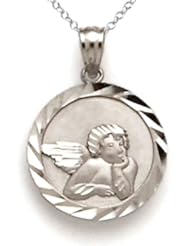 14kt White Gold Medium Round Angel Medallion Pendant - Chain Included