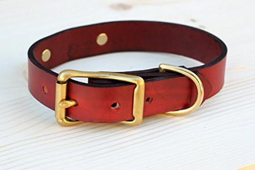 Dog Collar 1" leather with ID plate (XL 17"-20" Hole Measurement, Premium Red)
