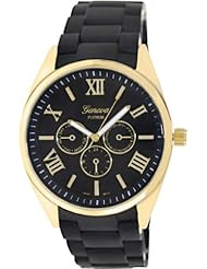 Geneva Platinum Womens 2359.BLACK.GOLD Black Rubber Quartz Watch with Black Dial