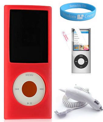 Red Silicone Skin Case for Apple Ipod Nano 5th Generation + Screen Protector + Car Charger + Wristband