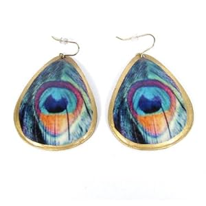 Zad Earrings Peacock Feather Print Dangle Drop Enamel Pierced