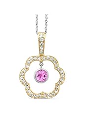 Open Carnation Floral Diamond Pendant With A Round Center Stone In 18K Yellow Gold With A 0.70 ct. Genuine pink-sapphire Center Stone.