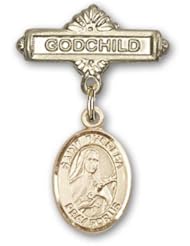 14K Gold Baby Badge with St. Theresa Charm and Godchild Badge Pin