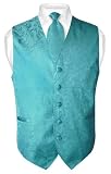 Men's Turquoise Blue Paisley Design Dress Vest and NeckTie Set for Suit or Tuxedo