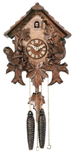 River City Clocks 30-10 Chalet Style One Day Cuckoo Clock with Hand-Carved Squirrels And Maple Leaves, 10-Inch Tall