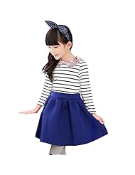 Girls Striped Print Above the Knee Cotton Pleated Spring Fall Winter  Dress
