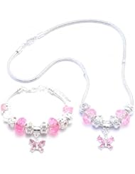 Pink Butterfly Charm Bracelet and Necklace Gift Set Girls Pandora Style