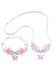 Pink Butterfly Charm Bracelet and Necklace Gift Set Girls Pandora Style - Gift Boxed