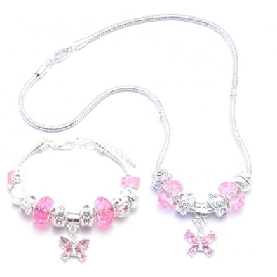 Cheap Girls Jewelry Pink Butterfly Charm Bracelet and Necklace Gift Set Girls Pandora Style For Sale
